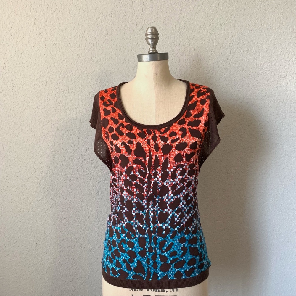 ETCETERA S/S Animal Print Scoop Neck Pullover Knit Tee Blouse Top